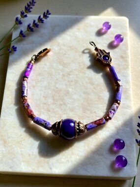 Gypsy Chic Purple Jasper Hamsa Blessings Bracelet ~ Slimline Boho Gemstone Style